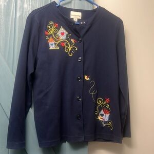 Women’s medium Breckenridge button down sweater, navy with bird gold stitching